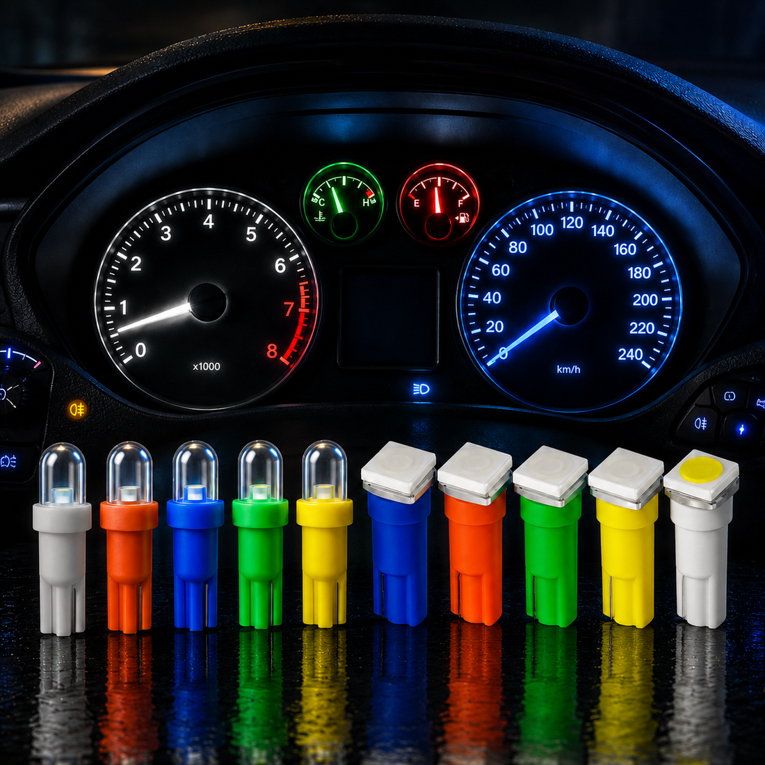 Colourful 286 T5 LED dashboard bulbs shown in front of an illuminated instrument cluster with white, blue, red and green dial lighting.