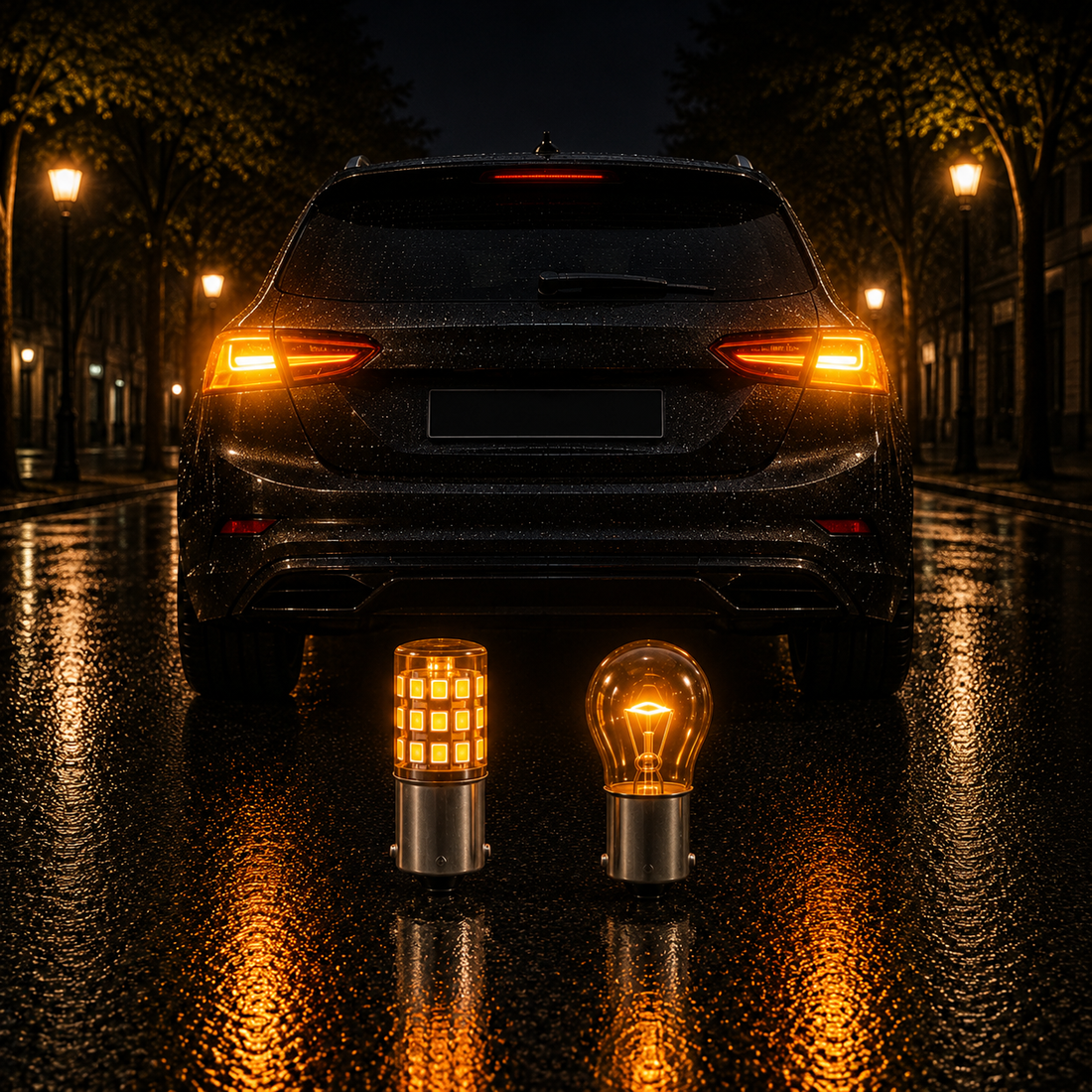 PY21W 581 indicator bulbs with amber LED and filament bulbs beside illuminated rear car indicators