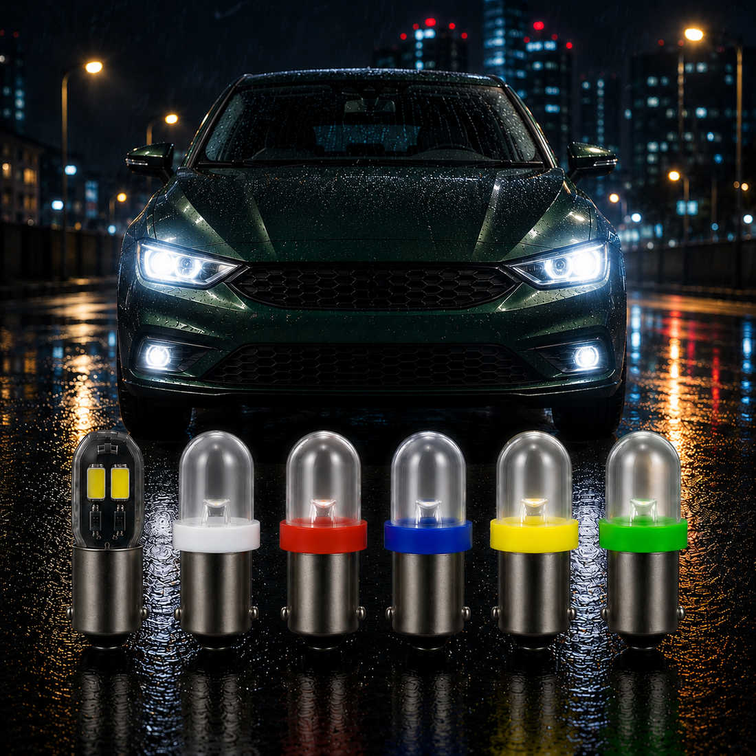 BA9s T4W 233 LED bulbs in white red blue amber and green with vehicle sidelights and interior lighting