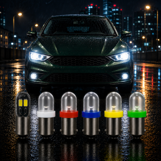 BA9s T4W 233 LED bulbs in white red blue amber and green with vehicle sidelights and interior lighting