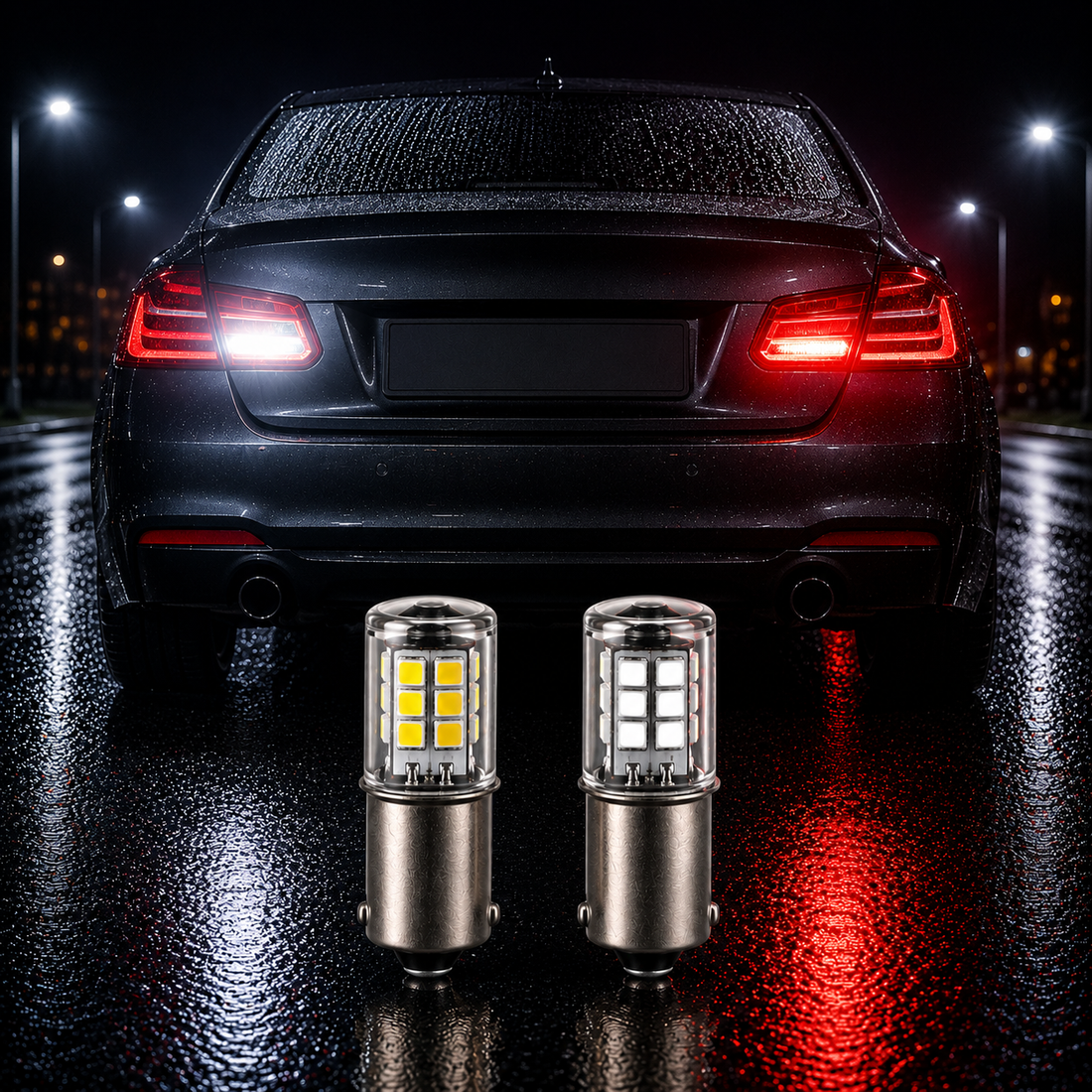 H21W 435 BAY9s LED bulbs with white reverse light and red rear vehicle lighting
