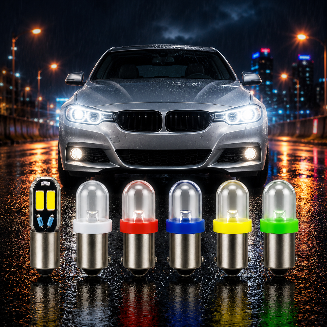 H6W 434 BAX9s LED bulbs in white red blue amber and green with BMW-style car sidelights