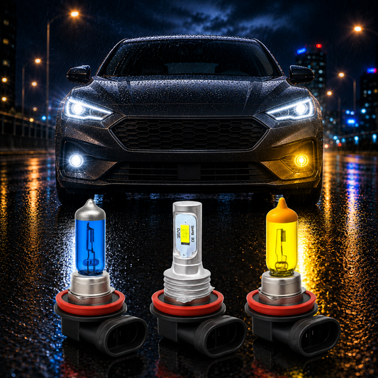 H8 bulbs showing xenon white LED and yellow fog light bulbs with white headlights and mixed white and yellow front fog lights