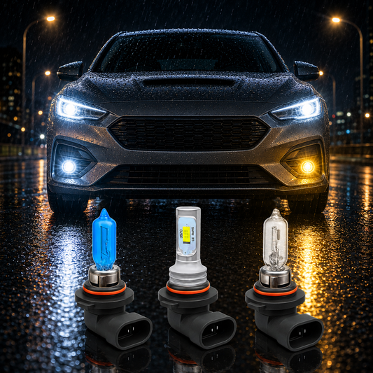 HB3 bulbs buying guide image showing a car at night with LED white headlights, one halogen fog light and one xenon white fog light, with HB3 LED, xenon and halogen bulbs displayed in front.