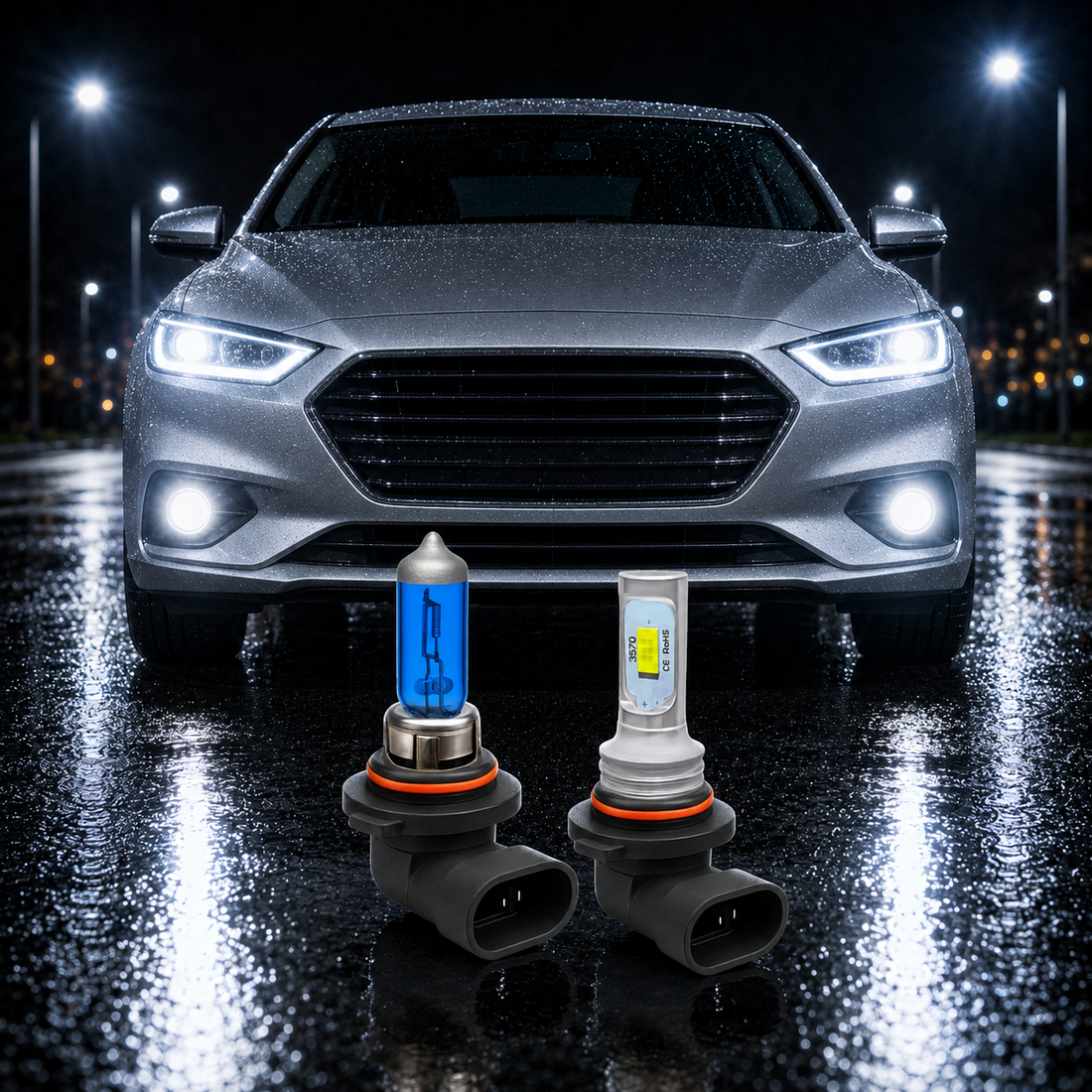 HB4 9006 LED and xenon white bulbs with silver car LED headlights and front fog lights