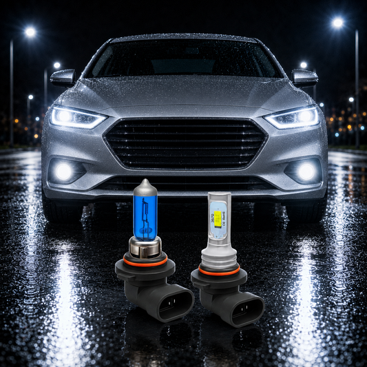 HB4 9006 LED and xenon white bulbs with silver car LED headlights and front fog lights