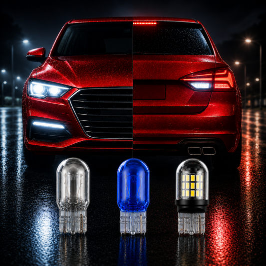 W21W 582 T20 7440 bulbs showing clear filament, blue xenon-effect and LED bulbs with front DRL and rear vehicle lights