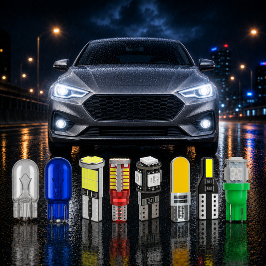 W5W 501 T10 bulbs showing halogen xenon and LED designs with white blue amber red and green automotive bulbs